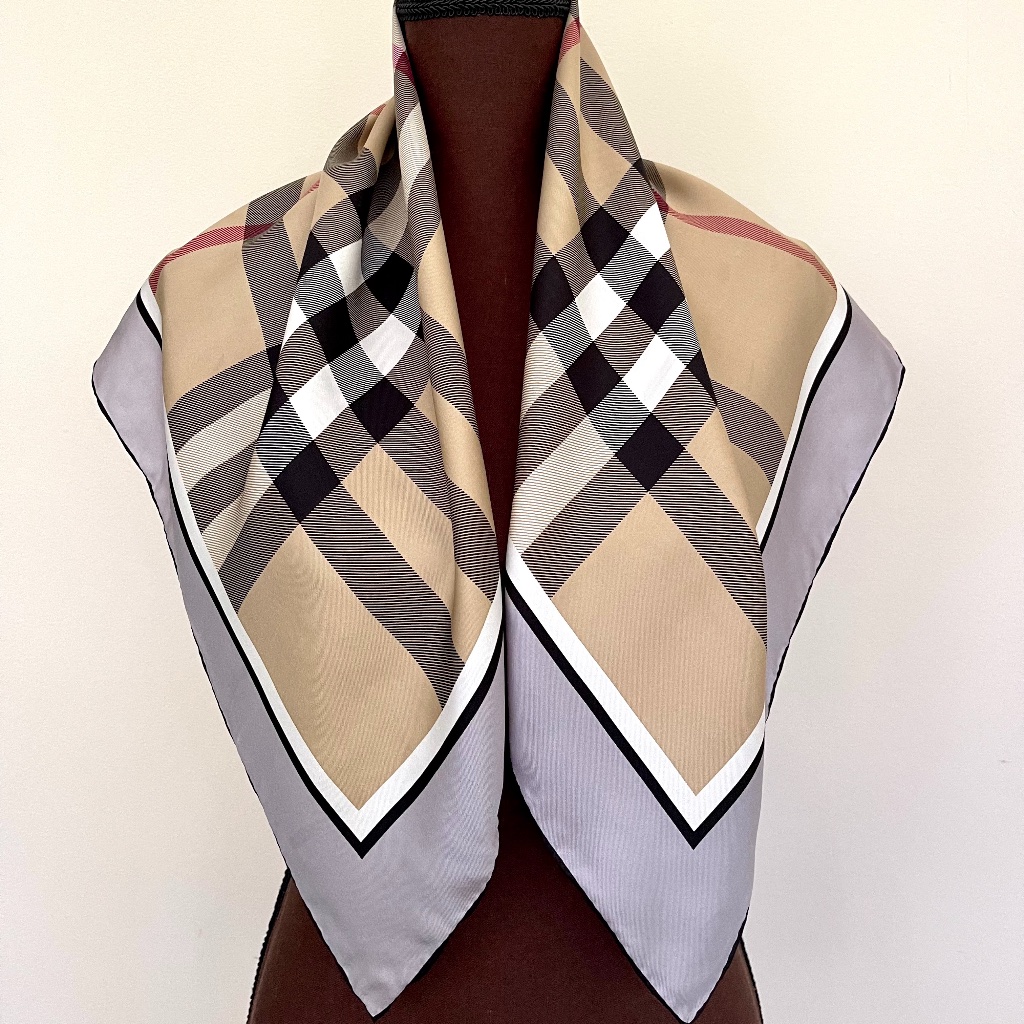 New Burberry Classic Check Pattern Beige With Gray Border Silk Scarf